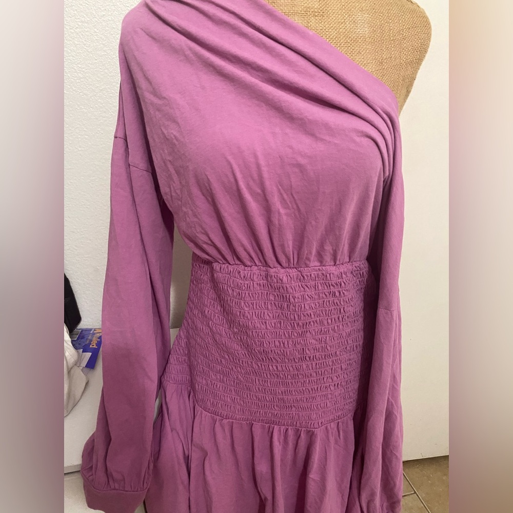 Free People One-Shoulder Smocked Waist Dress in Mauve Pink